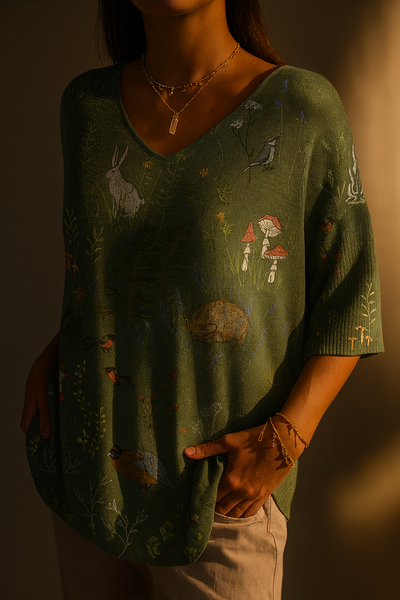 Woodland And Animals Repeat Pattern Printed Women's Casual Pullover Knit