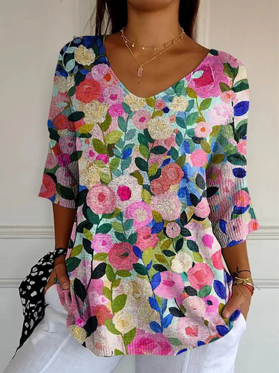 Colorful Spring Floral Garden Printed Women's Casual Pullover Knit